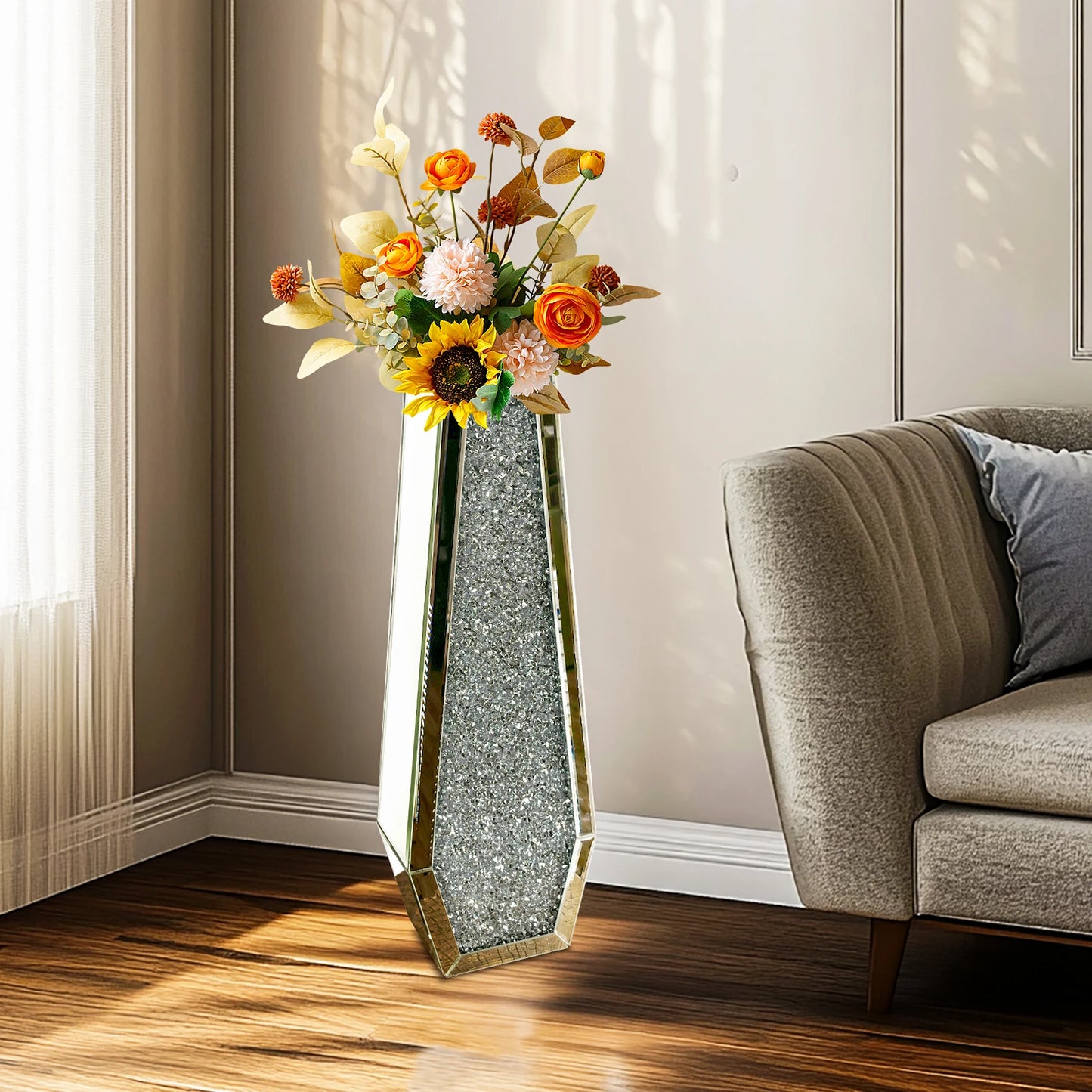 Function Crushed Diamond Mirrored Floor Vase Crystal Glass