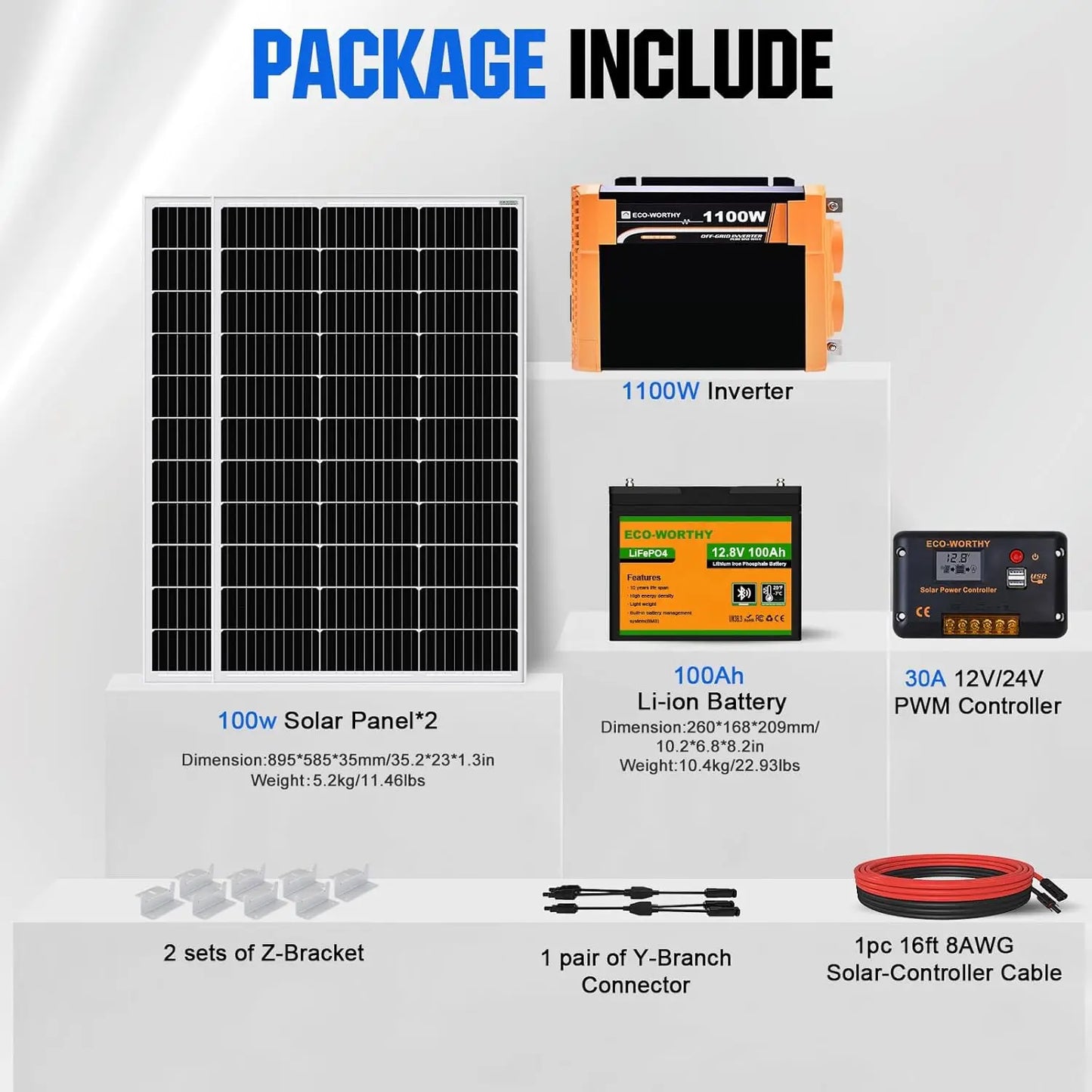 ECO-WORTHY 200W Solar Panel Kit 2x100W With 1100W Inverter