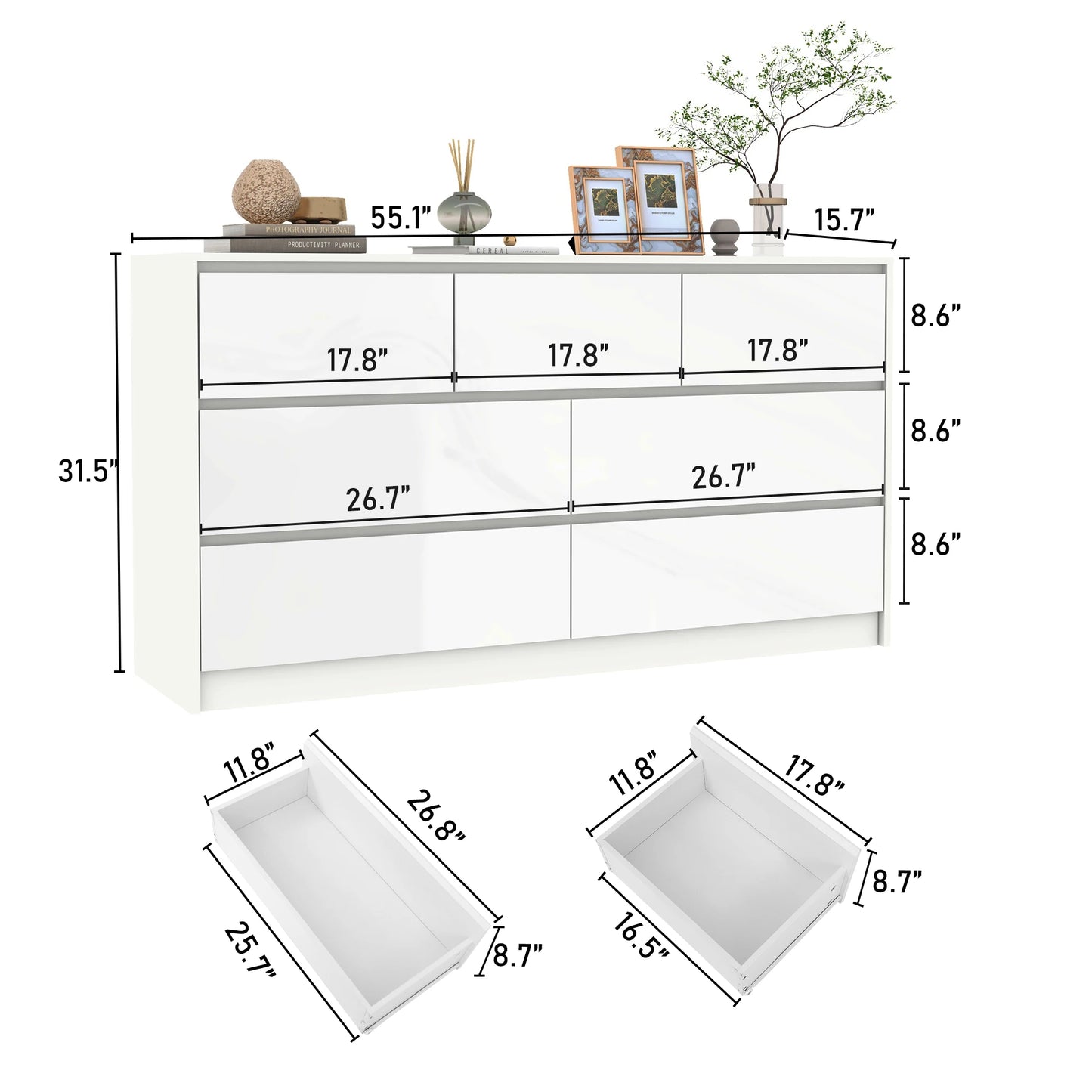 QiaoShiRen 7 Drawer Dresser Modern High Gloss Wood Chest