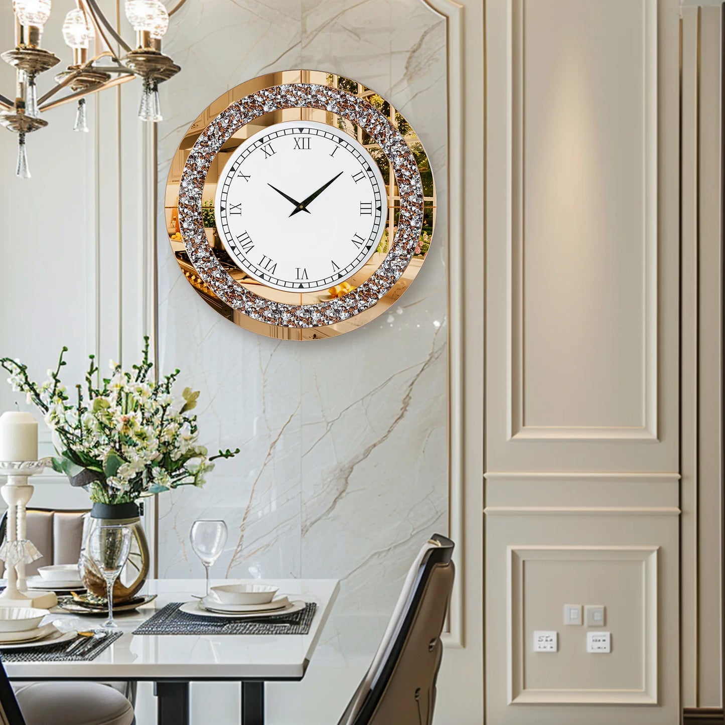 Round Mirrored Wall Clock With Crystal Sparkle Diamond Accents For Living Room