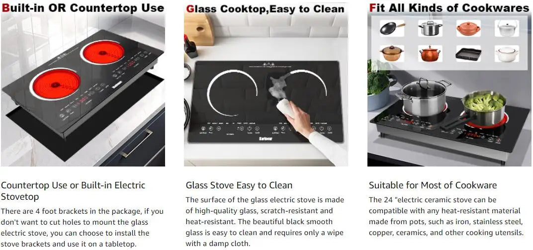 Karinear 2 Burner Ceramic Electric Cooktop Dual Voltage Plug
