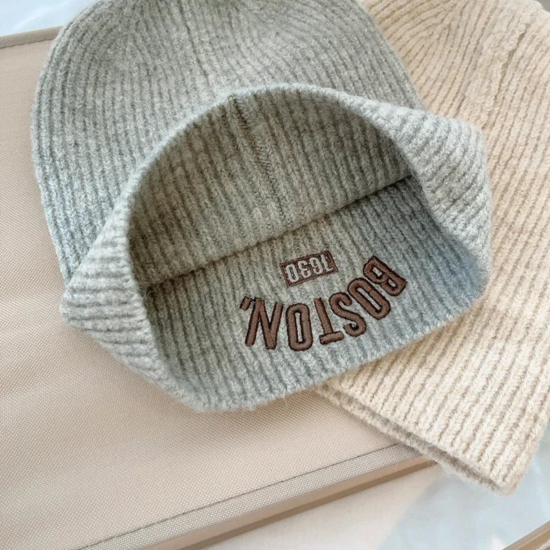 Letter Embroidered Unisex Kids Beanie Cap Winter Knit Acrylic Hat