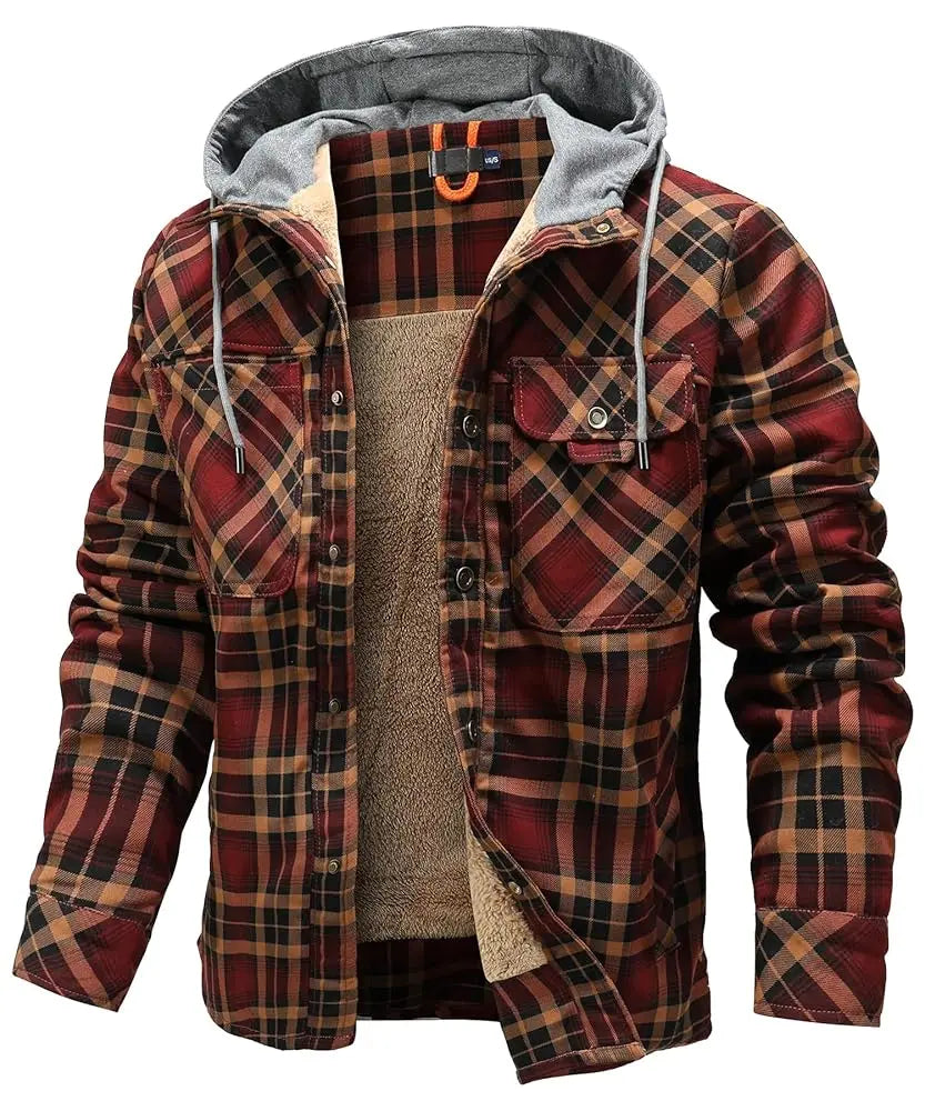 Fujian Mens Winter Hooded Coat Sherpa Lined Plaid Flannel Jacket