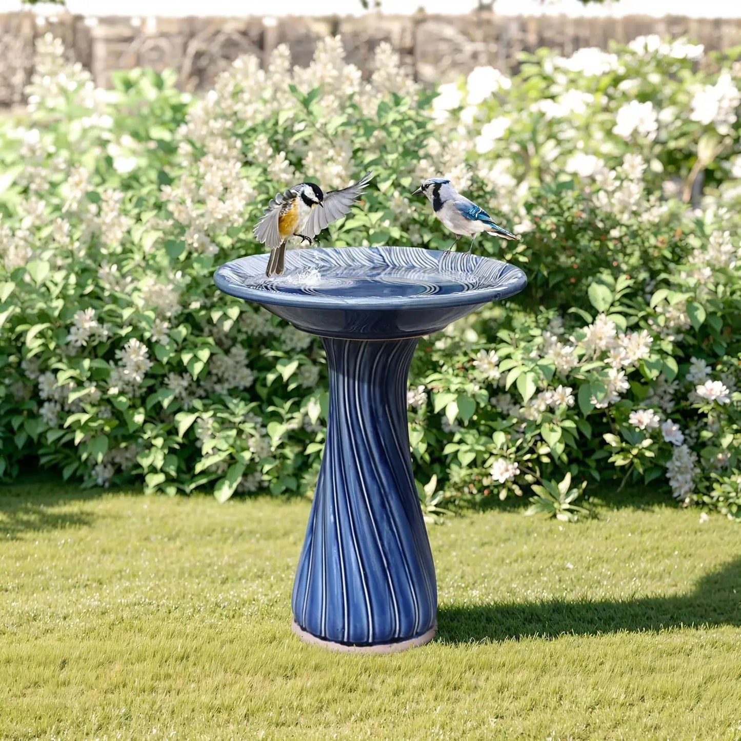Ceramic Outdoor Bird Bath Pedestal Glazed Leaves Swirl