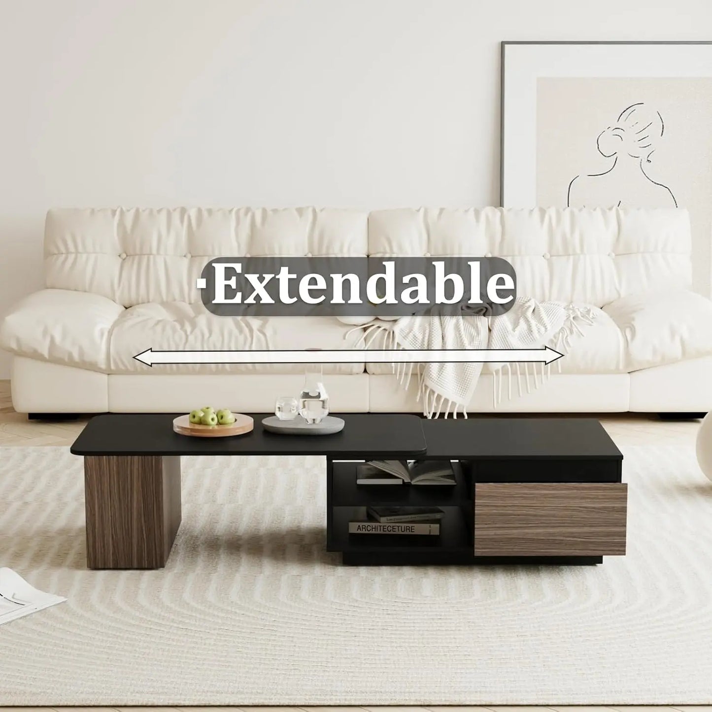 XMSJ Extendable Coffee Table With Drawer Mid Century Modern
