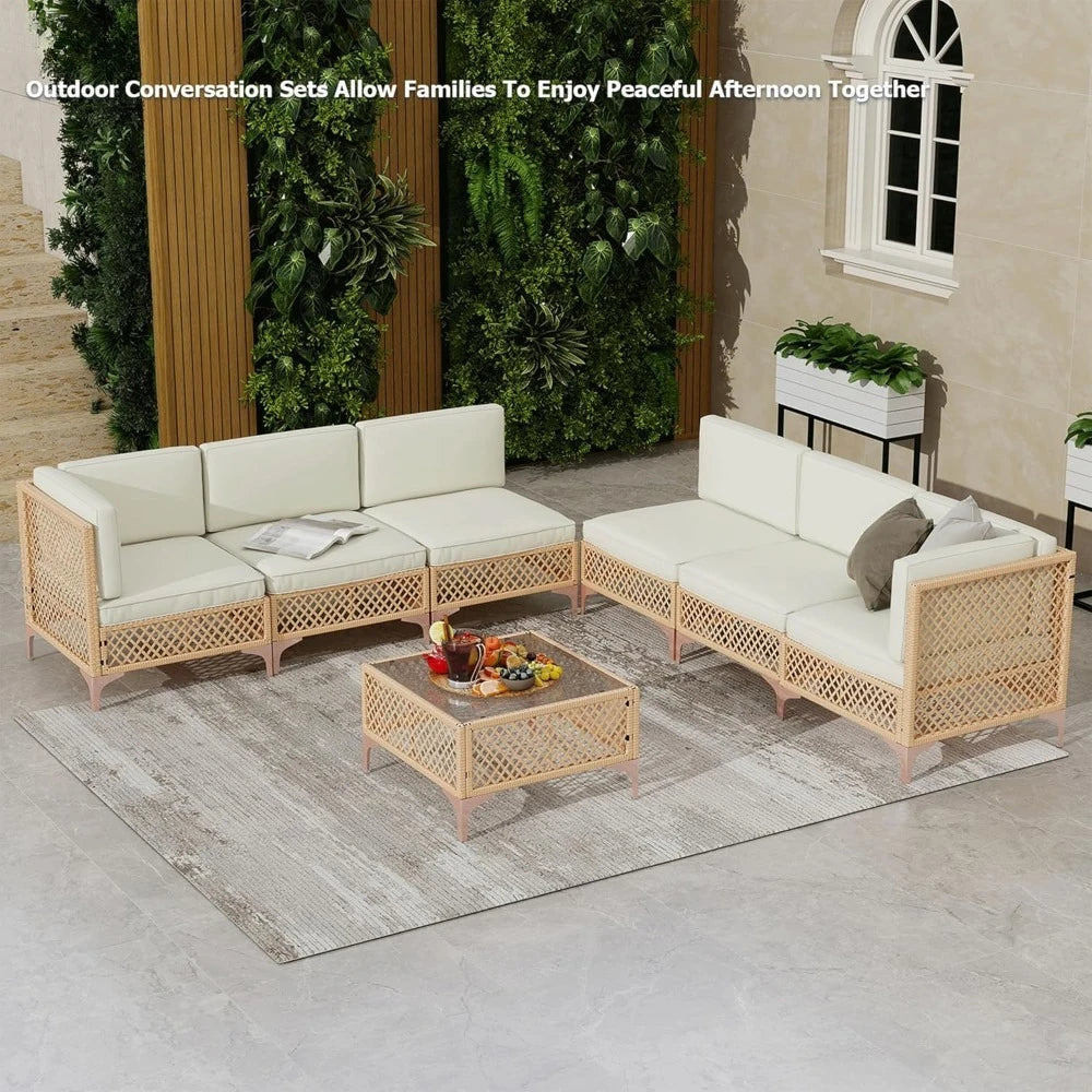 Outdoor Wicker Patio Furniture Set with Boho Sectional Sofa and Glass Coffee Table