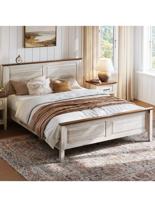 Hign-Concerned Farmhouse Bed Frame With Solid Wood Headboard