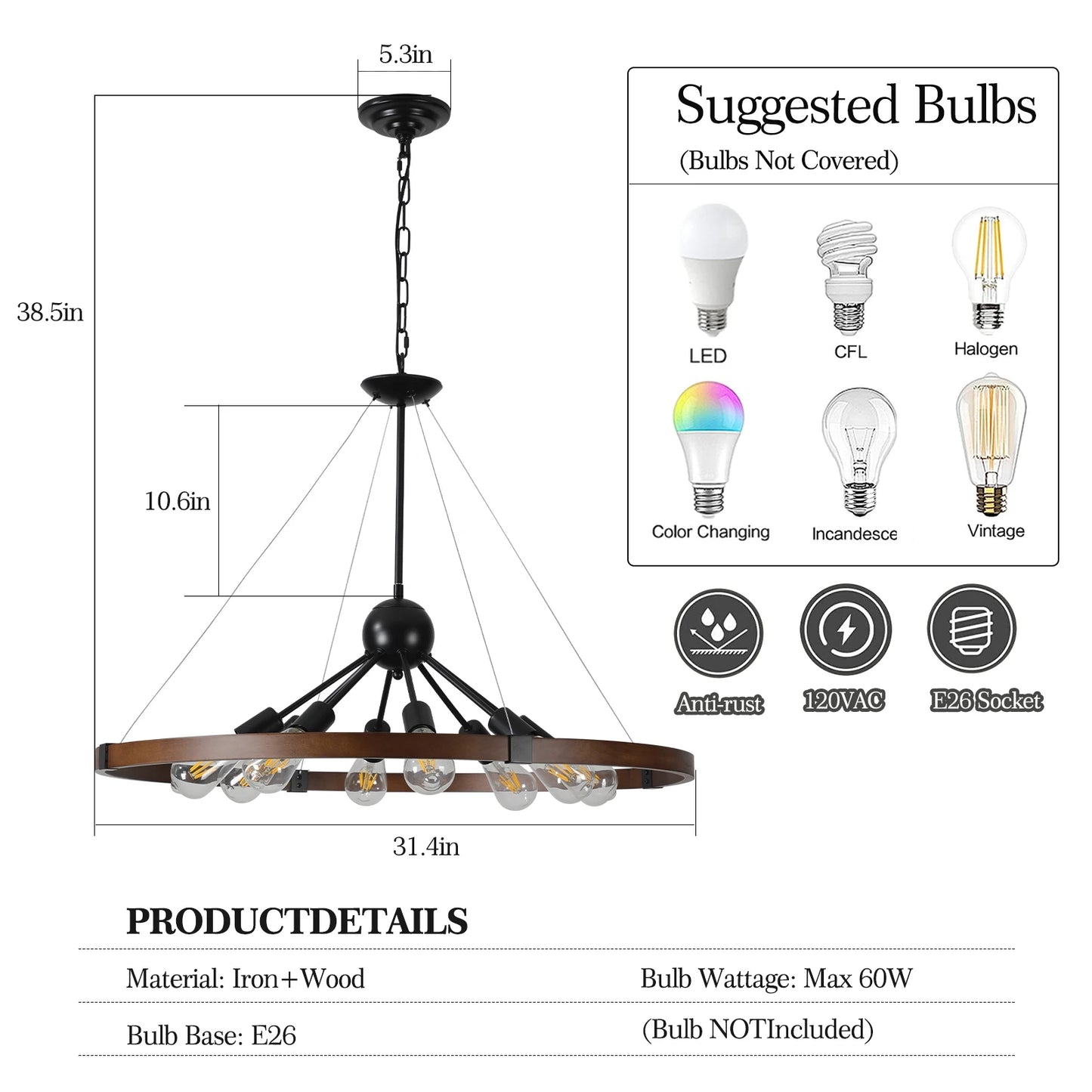 ARLGSITE Industrial Farmhouse 8 Light Pendant Chandelier