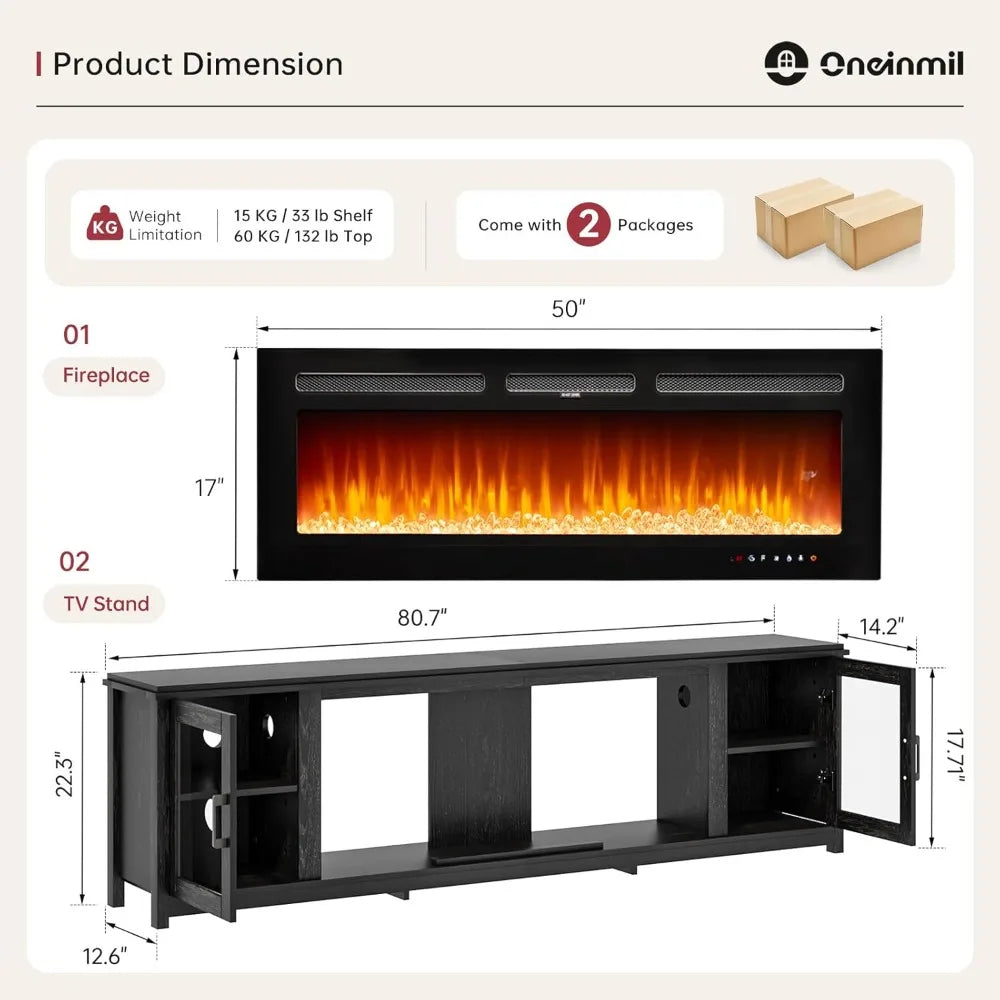 Electric Fireplace TV Stand With Adjustable Shelf And Glass Doors