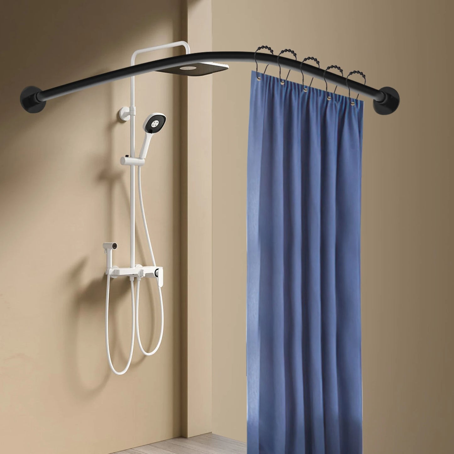 Stainless Steel L Shape Telescopic Shower Curtain Rail No Drilling With Rings