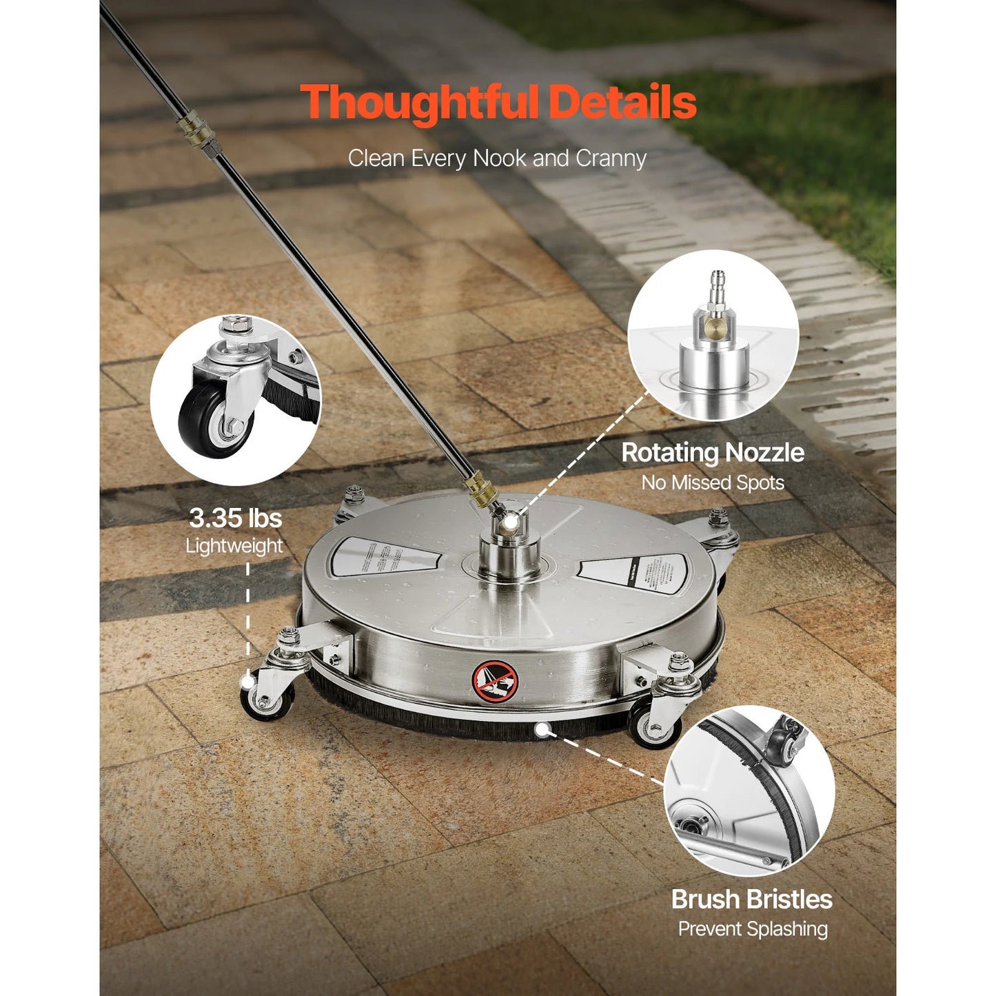 VEVOR Pressure Washer Surface Cleaner PE Stainless Steel Attachments 4 Wheels