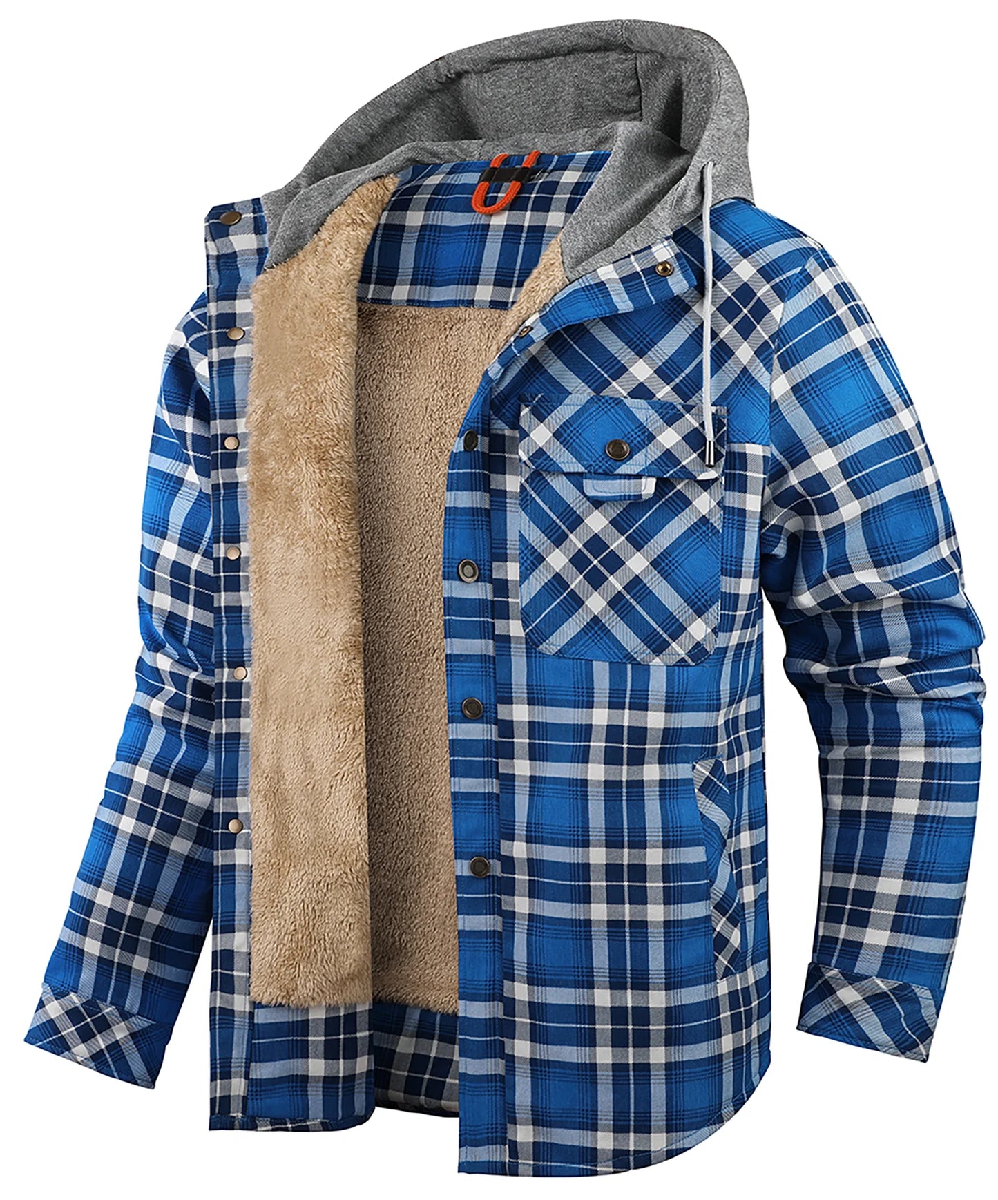 Fujian Mens Winter Hooded Coat Sherpa Lined Plaid Flannel Jacket