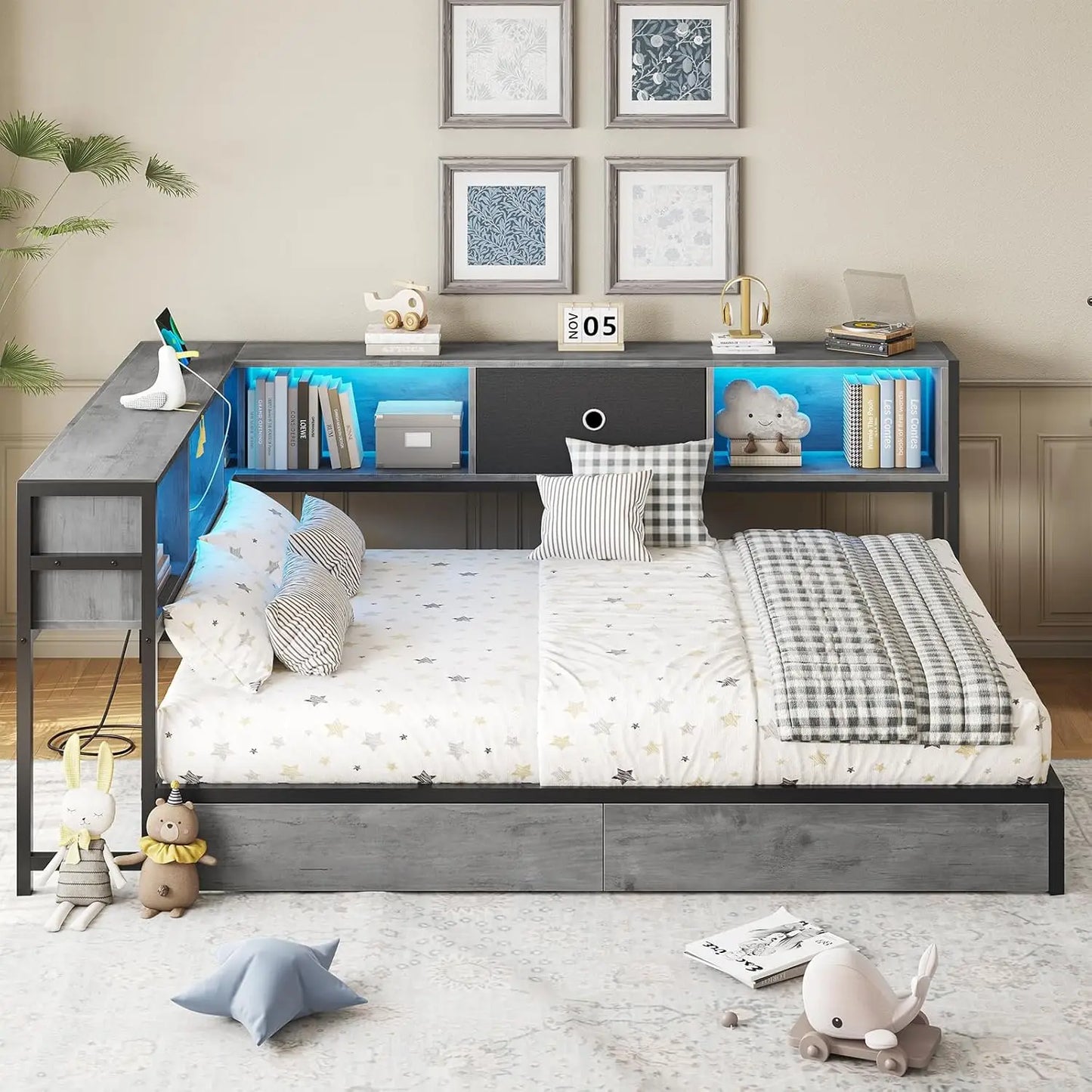 Corner Bed Frame With LED Bookcase Storage And Charging Station