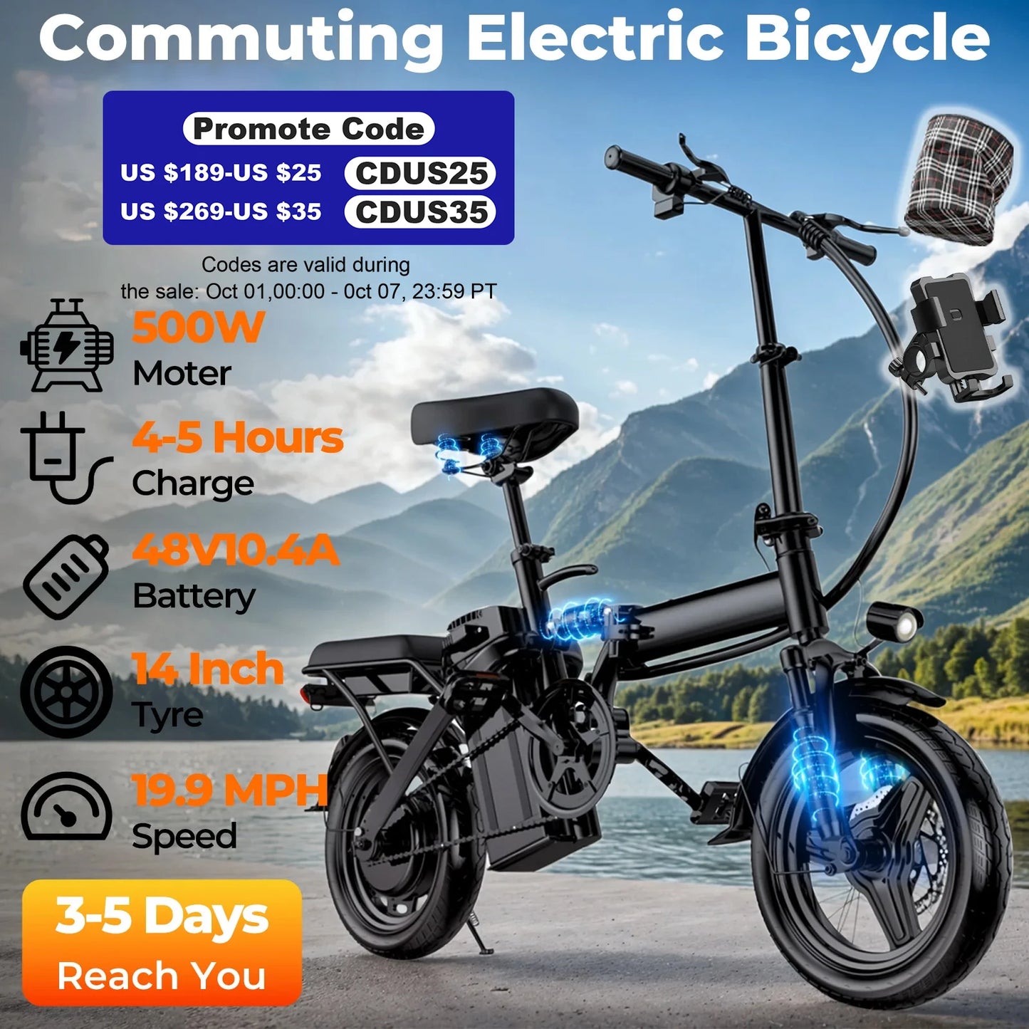 LELEKUAI 500W Adult Electric Bike With Removable 48V Battery Folding