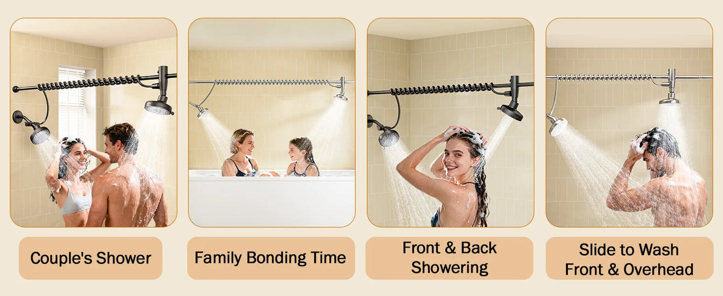 Tandem Dual Shower Head For Couples With Adjustable Slider