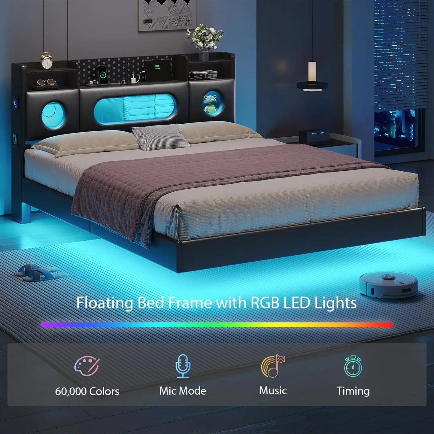 Floating Bed Frame Storage Headboard LED Lights And Charging Station