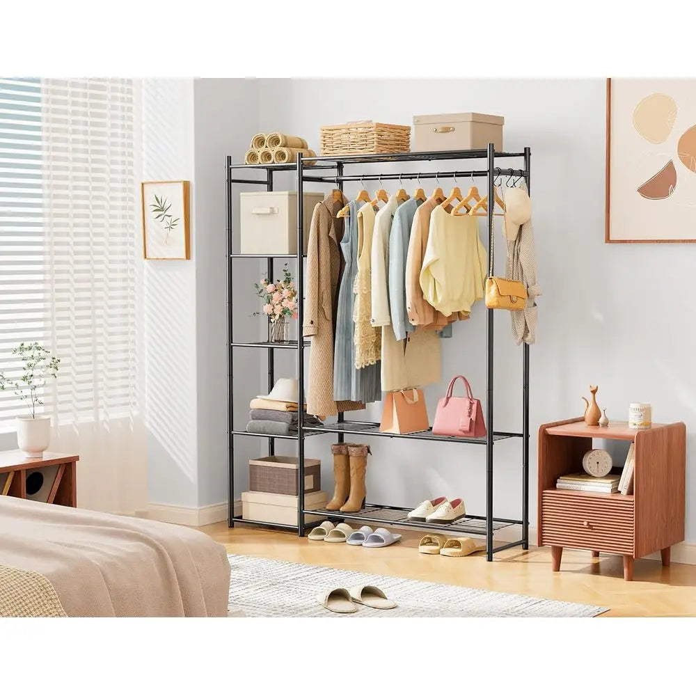 4 Tier Portable Clothes Rack With Hanging Rod For Home