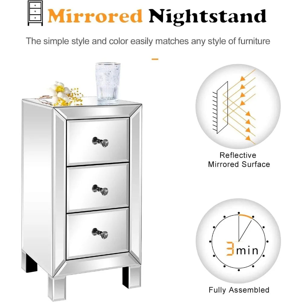 Mirrored Nightstand Set Of 2 With 3 Drawers For Bedroom