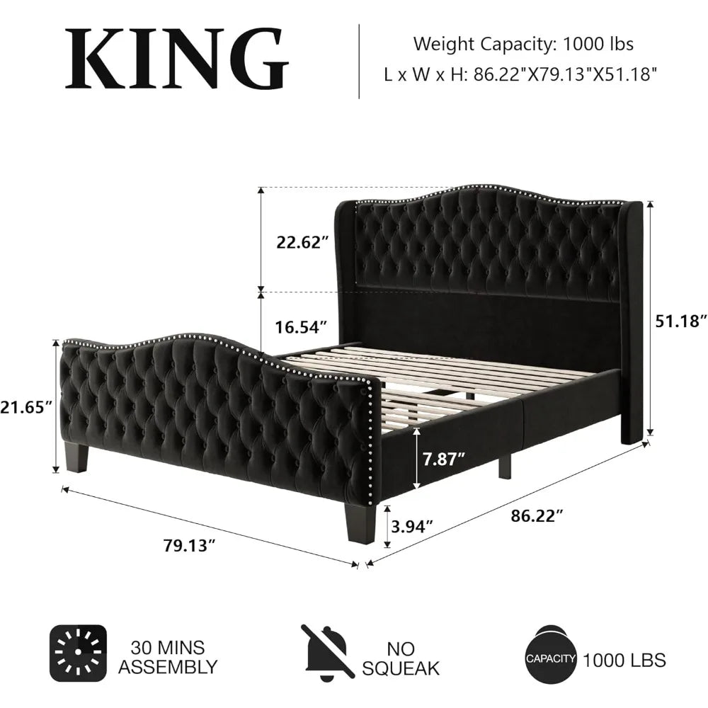 Platform Bed Frame With Upholstered Wingback Headboard