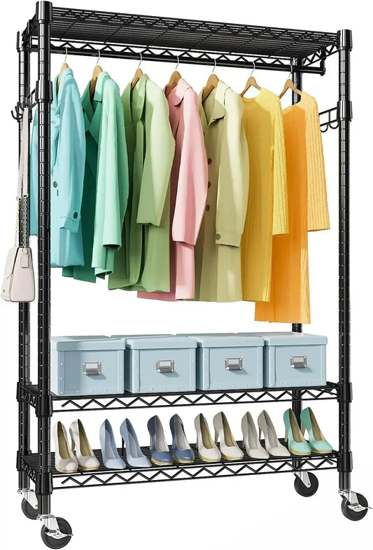 XMSJ Heavy Duty Rolling Garment Rack With 3 Tiers Rods
