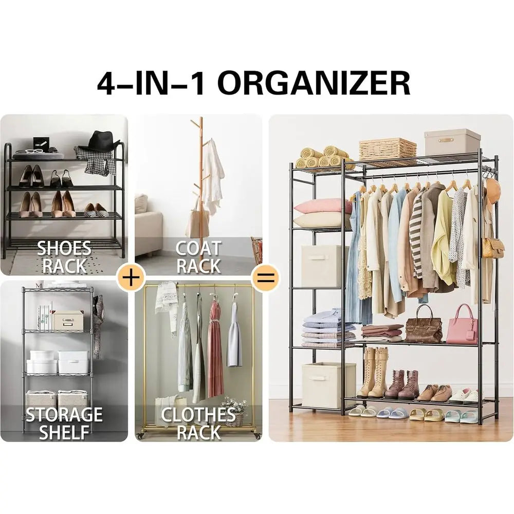 4 Tier Portable Clothes Rack With Hanging Rod For Home