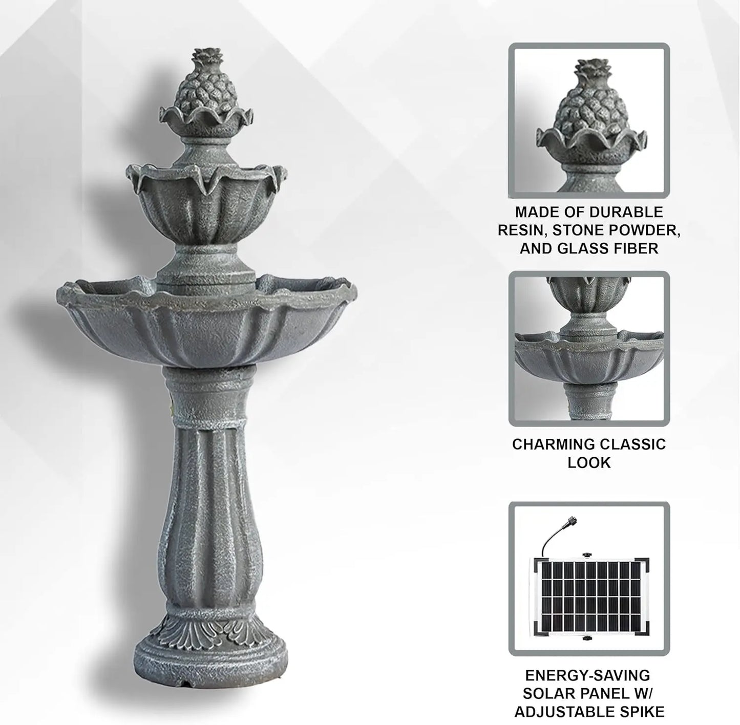 Solar Powered 2 Tier Outdoor Resin Fountain With Solar Pump