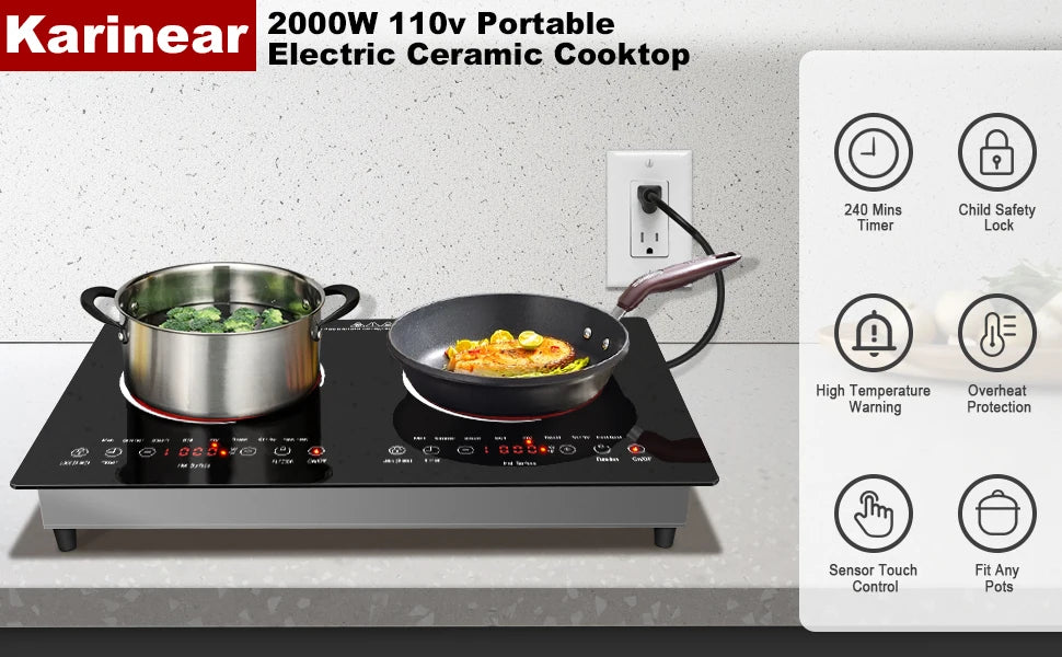 Karinear 2 Burner Ceramic Electric Cooktop Dual Voltage Plug