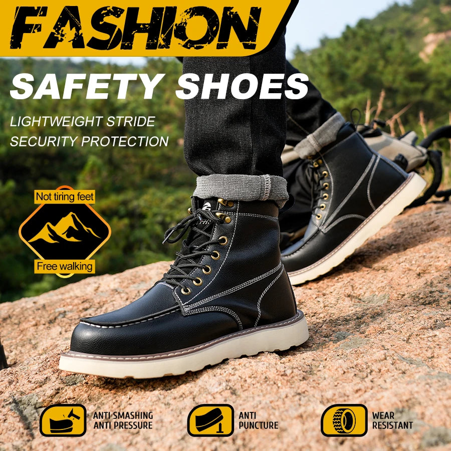 Two Layer Cowhide Men High Top Work Safety Shoes Pro