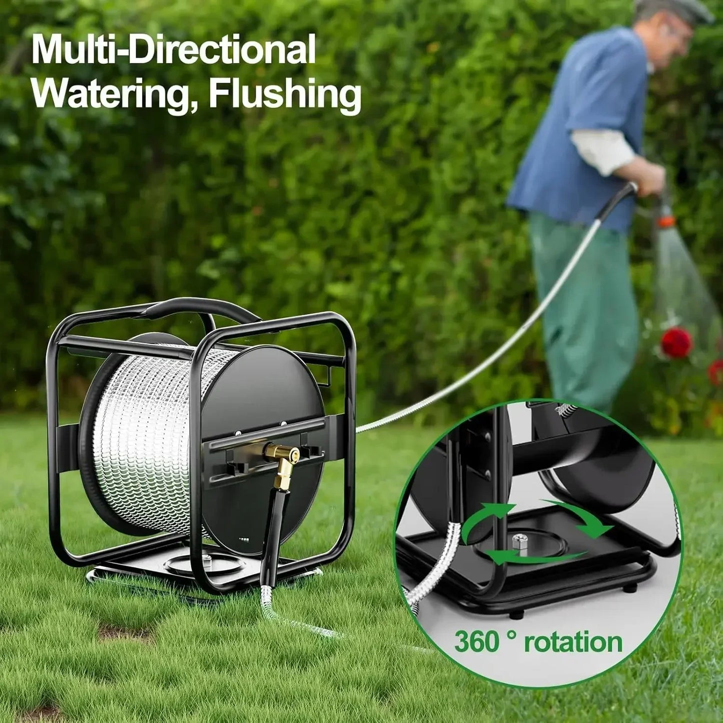 XMSJ Heavy Duty Metal Garden Hose Reel With Stainless Nozzle