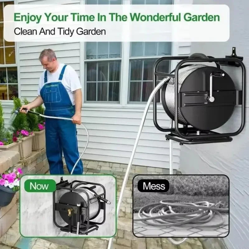 XMSJ Heavy Duty Metal Garden Hose Reel With Stainless Nozzle