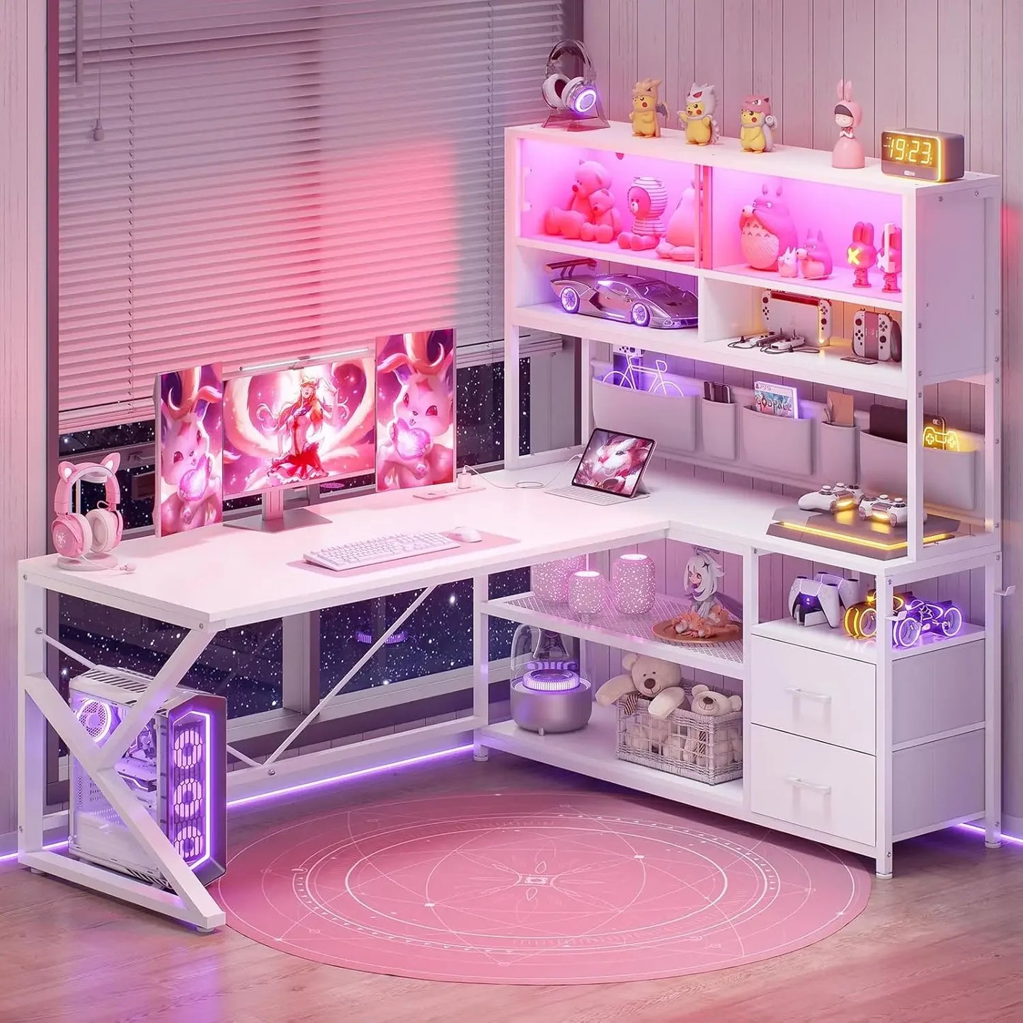 General Use L Shaped Gaming Desk With 2 Drawers Bookshelf
