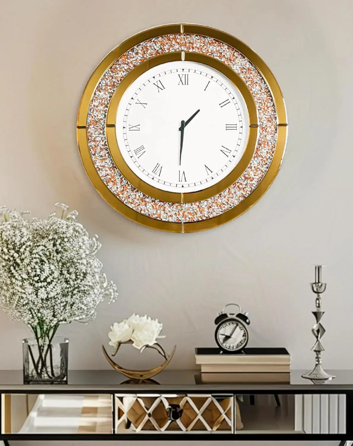 Crushed Diamond Round Mirrored Wall Clock Decorative Home Accent