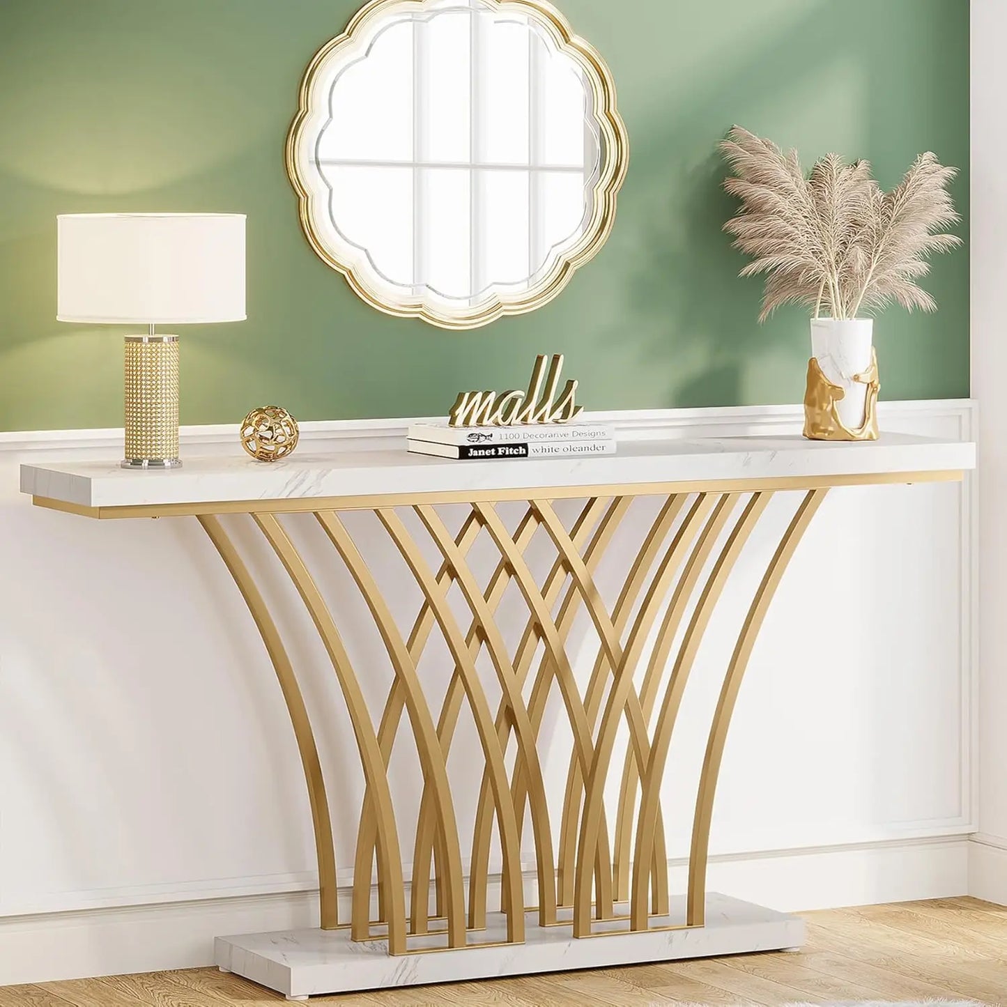 Little Tree Console Table With Grid Metal Base For Entryway