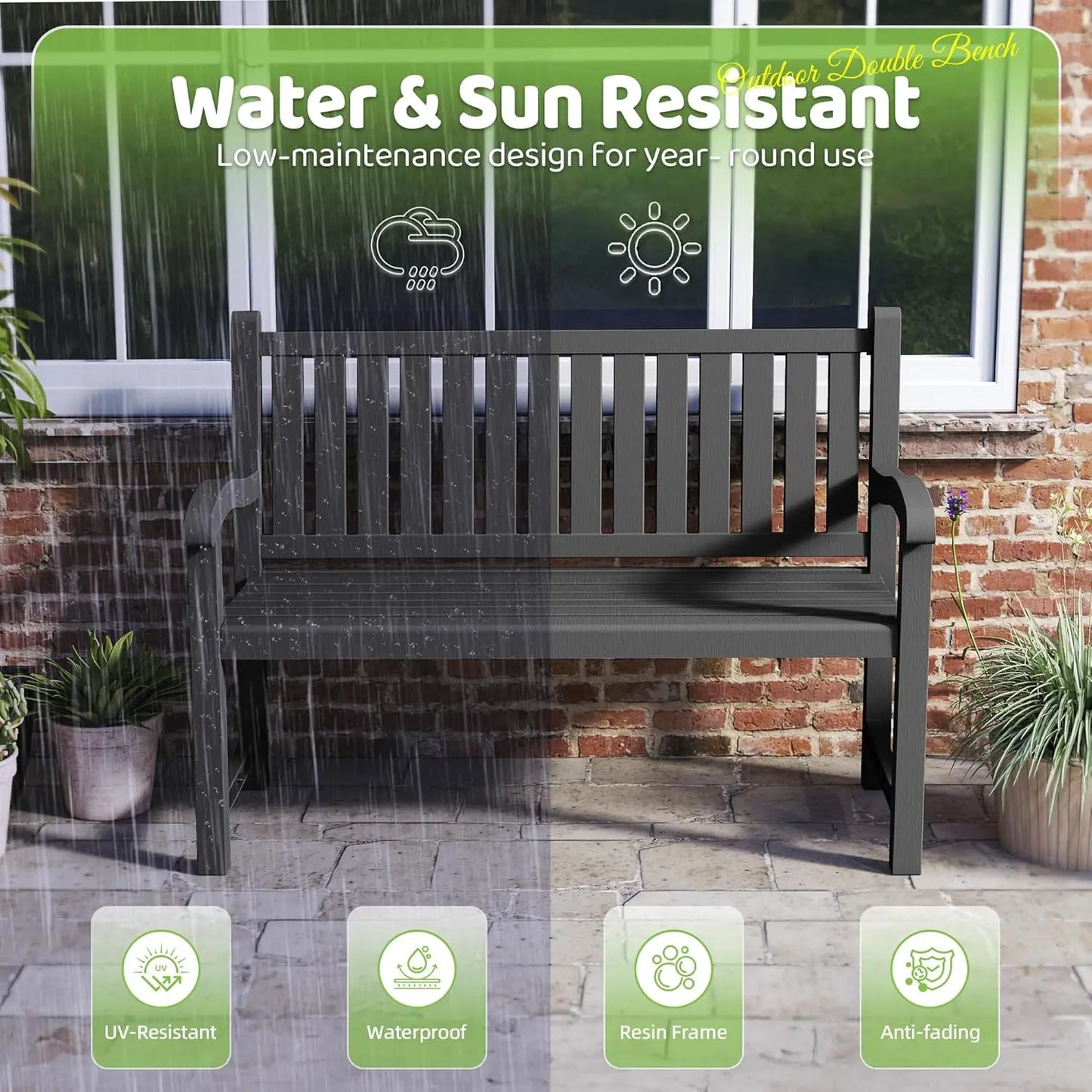 ROJIK Outdoor Bench Two Person Patio Chair Waterproof Resin Slatted