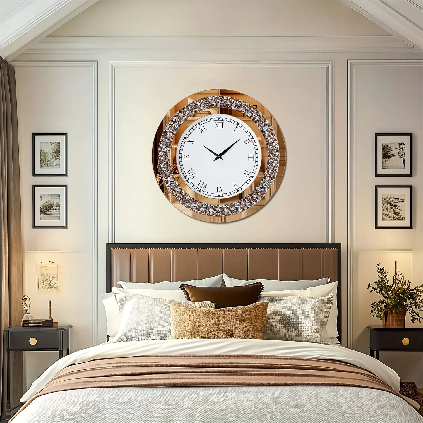Wisfor Decorative Round Mirror Wall Clock With Crystal Sparkle Bling