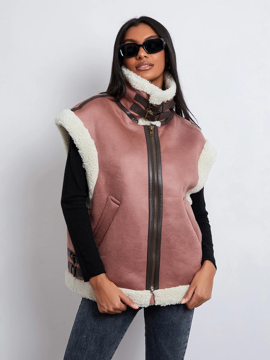 Meihuida Ladies Cozy Faux Fur Vest Quilted High Neck Coat