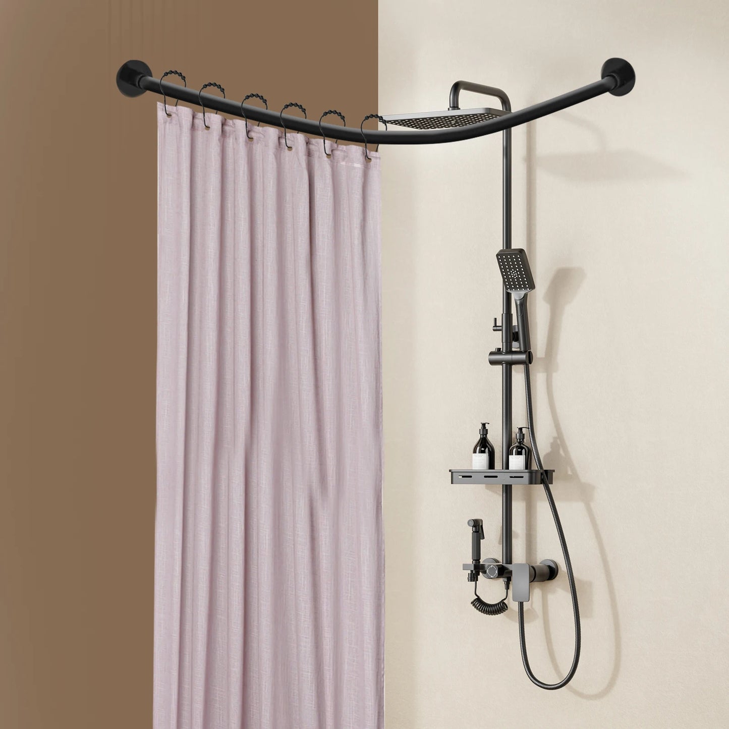 Stainless Steel L Shape Telescopic Shower Curtain Rail No Drilling With Rings