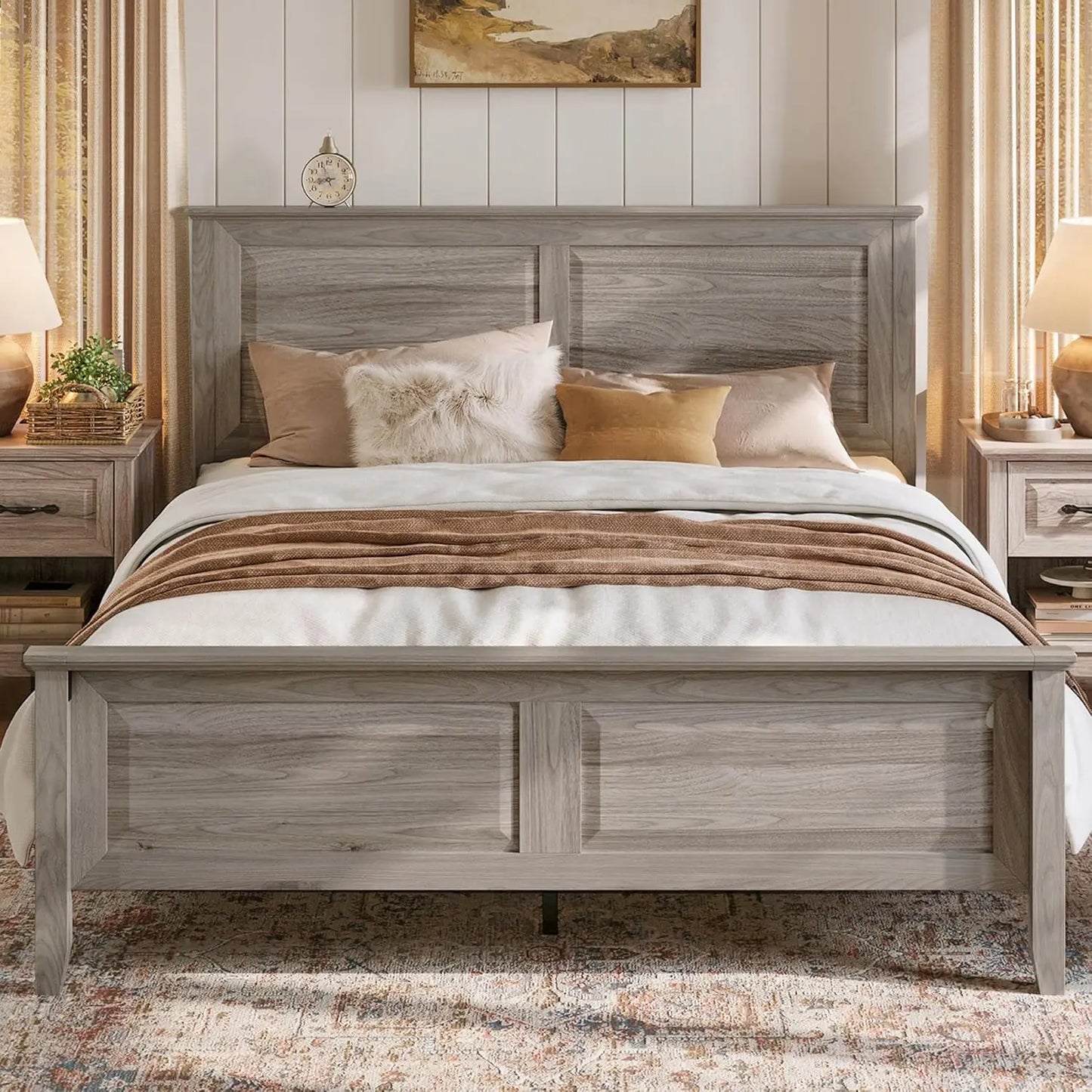 Hignconcerned Farmhouse Wooden Bed Frame With Solid Slats