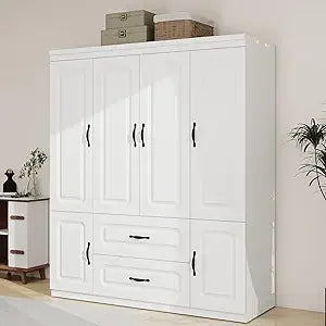 Armoire Wardrobe With 4 Doors 3 Drawers Mirror Hanging Rod