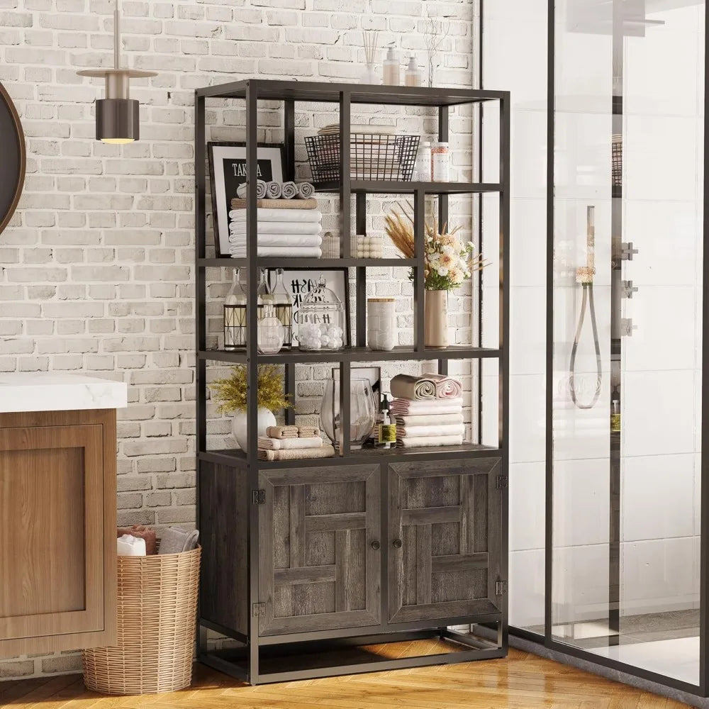 Ironck 6 Tier Tall Bookshelf With Doors Storage Cabinet