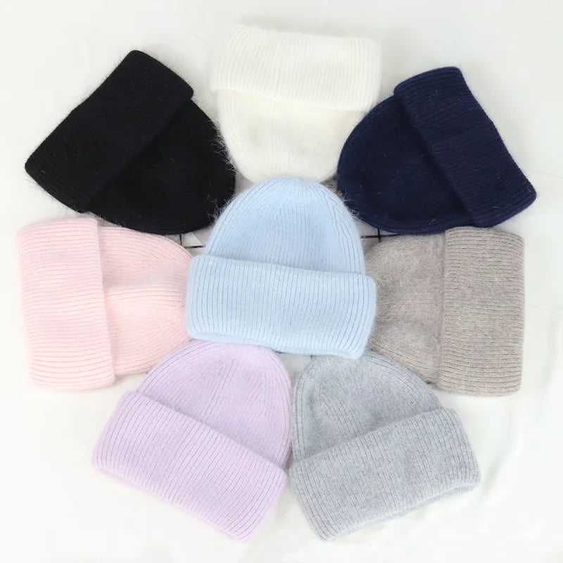 Warm Cashmere Wool Beanie With Rabbit Fur For Women Outdoor
