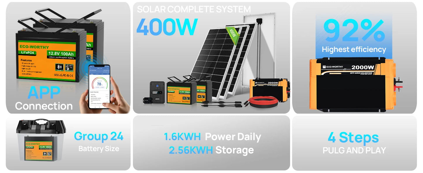 Eco-Worthy RV Solar Kit 4x100W Panels MPPT Battery