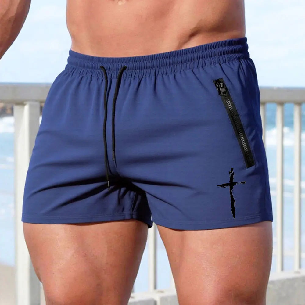 CN Men Cross Print Beach Shorts Quick Dry Zipper Pockets