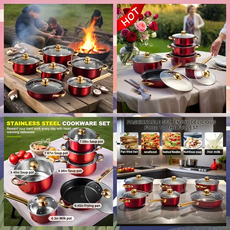 Stainless Steel Cookware Set 316 Stainless Nonstick With Golden Handles