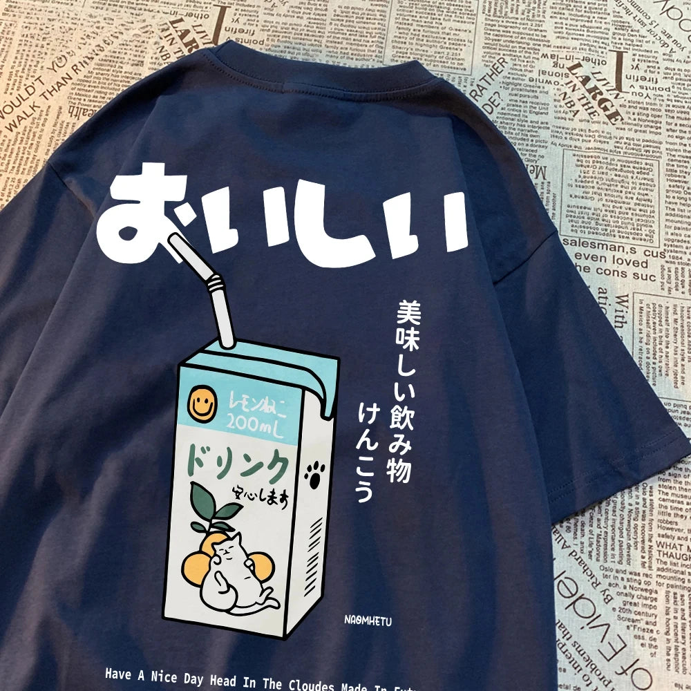 Hampson Lanqecn Cute Japanese Cat Print Tee Shirt Casual