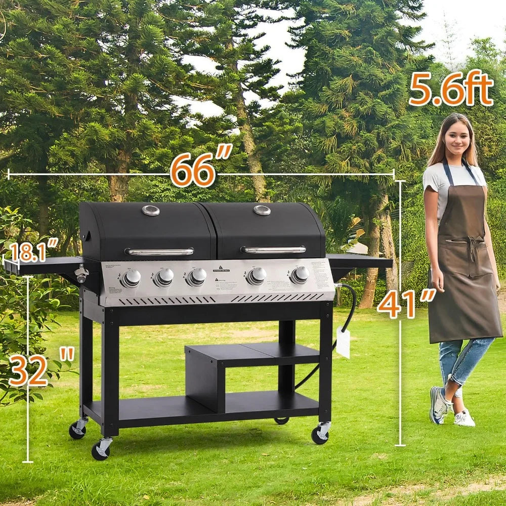 5 Burner Propane Gas Grill Griddle Combo Dual Zone BBQ
