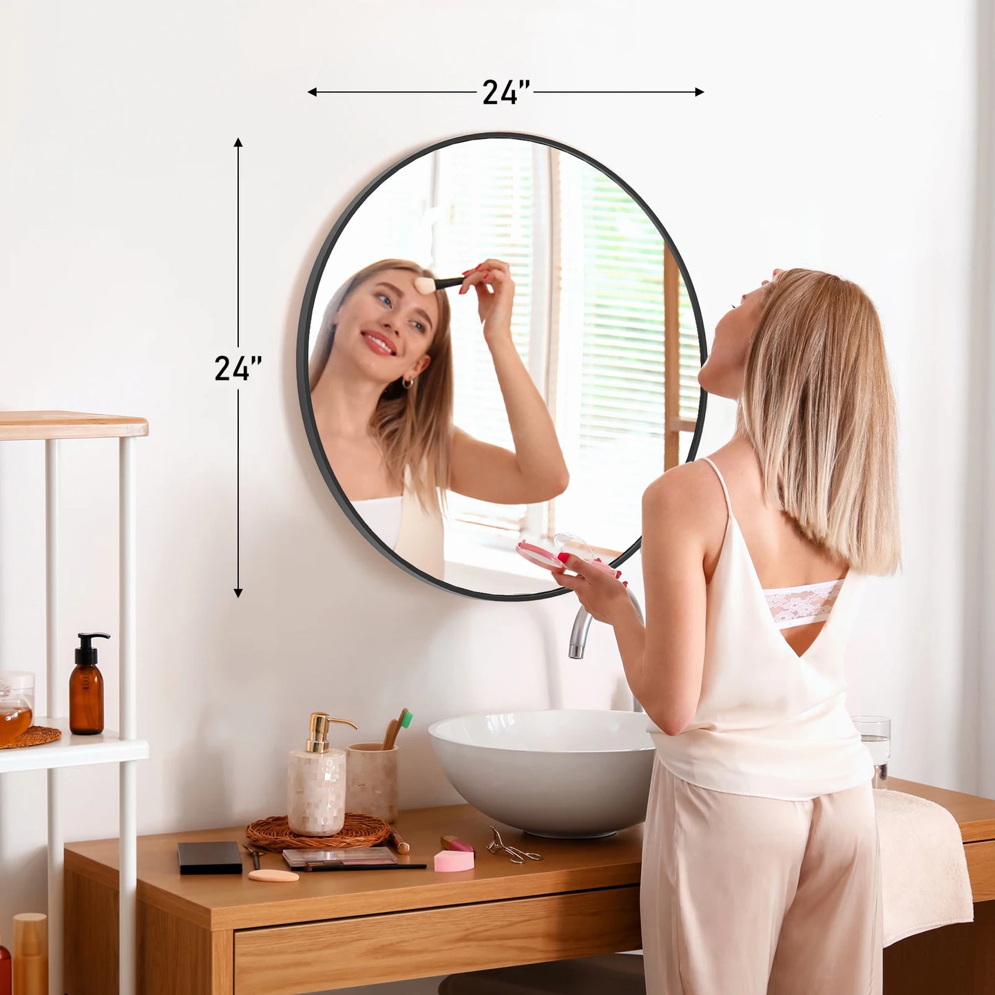 JHK Round Vanity Framed Mirror Tempered Glass Matte Metal Frame