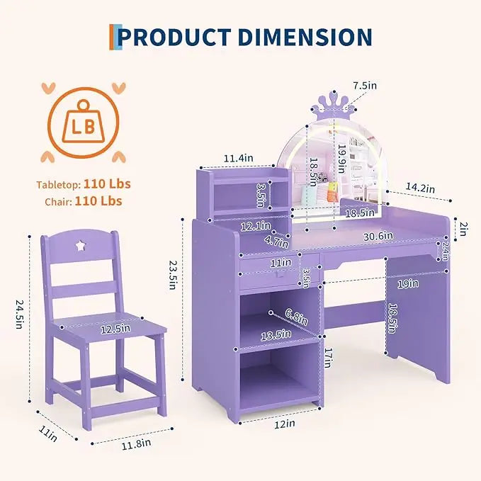 HiMISS Kids Vanity With Lighting 2 In 1 Makeup Desk