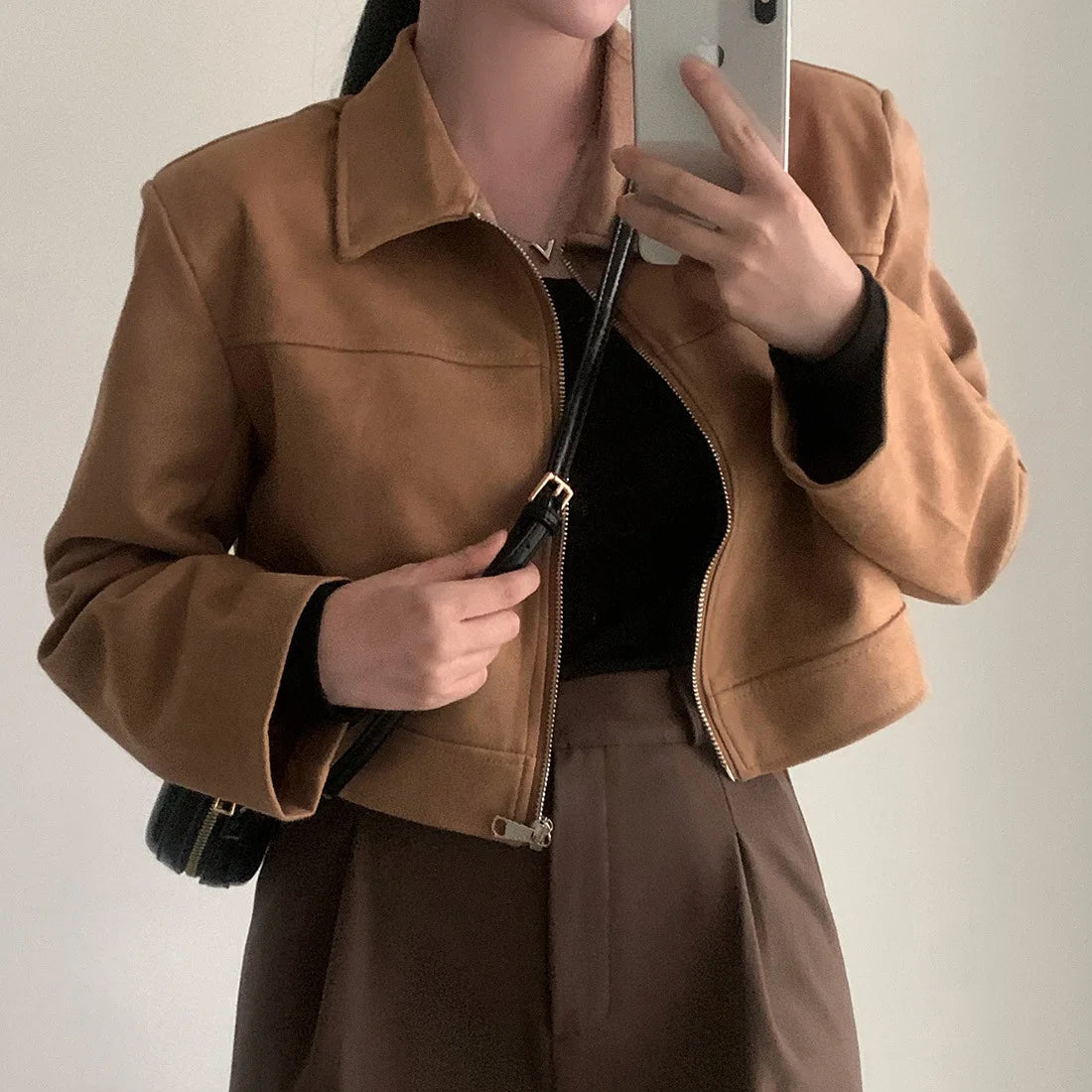 Autumn Women Zipper Jacket Lapel Long Sleeve Casual Outerwear