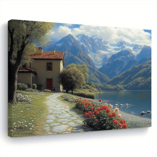 Hign-concerned Wood Frame Red Flowers River Art Mural